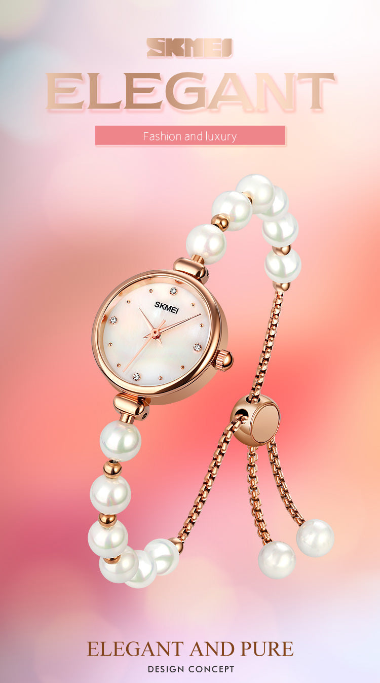 SKMEI 1983 Montre-bracelet en perles pour femme avec boîtier ultra fin de 8 mm