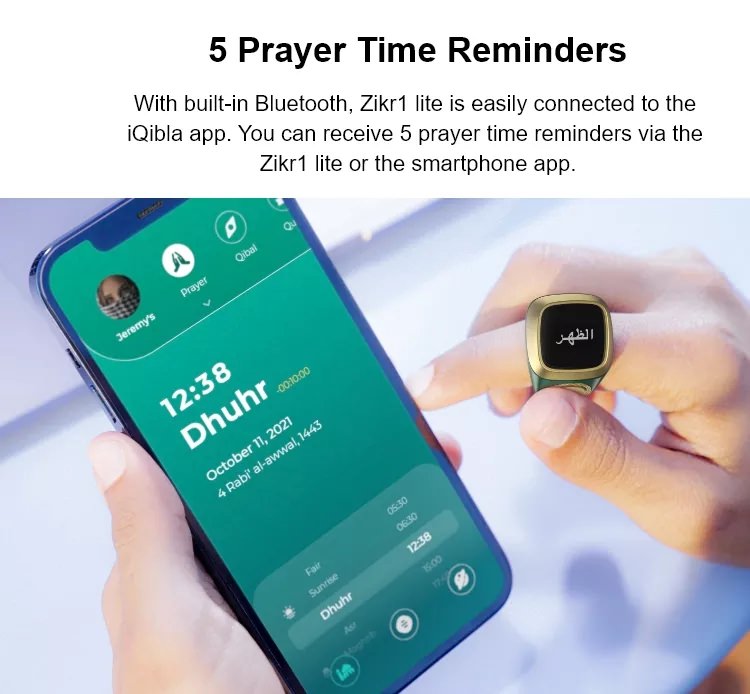 Smart Qibla Ring w/ 5 Prayer Reminder & Tasbih Counter for Muslims