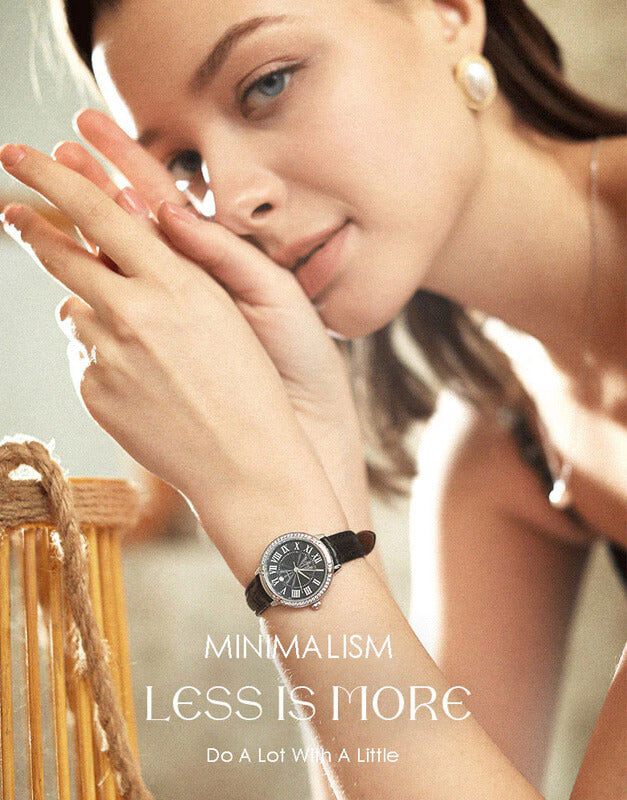 JUVET 7005 Reloj minimalista con correa de cuero negro y bisel de diamantes - Noche oscura A4