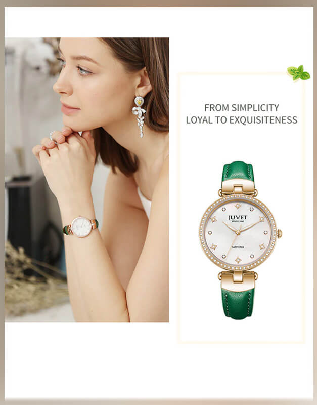 JUVET 7010 Reloj clásico para mujer con esfera de perla y bisel de diamantes resistente al agua hasta 30 m - Verde retro A2
