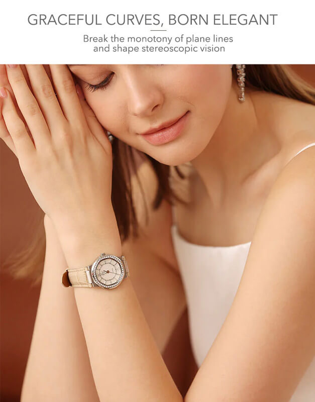 JUVET 7018 Reloj elegante y elegante para mujer con bisel de diamantes - Caqui A4