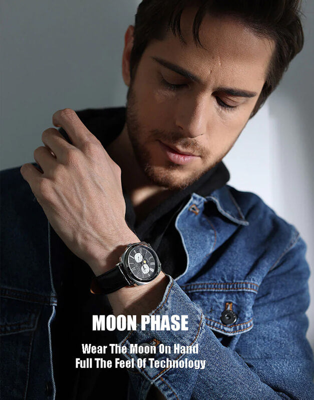 JUVET 7007 Reloj suizo de lujo con fecha y día y fase lunar resistente al agua - Negro intenso A2