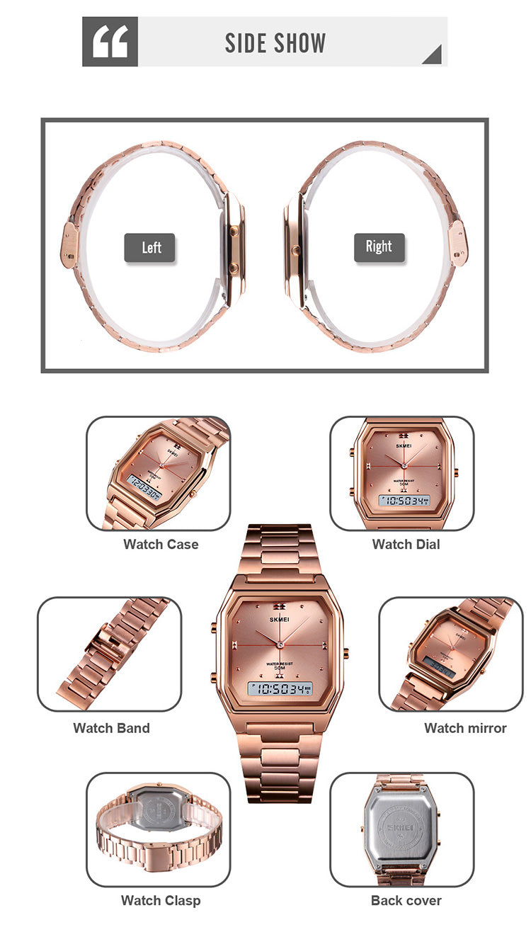 SKMEI 1612 Gold Watch/Analog Digital Watch/Rectangle Watch/Stainless Steel Watch
