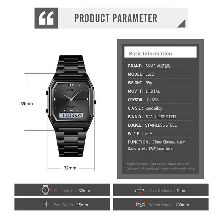 Reloj SKMEI 1612 de oro/reloj analógico digital/reloj rectangular/reloj de acero inoxidable