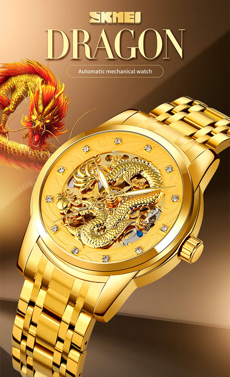 SKEMI 9310 Automatic Skeleton Watch for Men w/ China Dragon Stereoscopic Relief