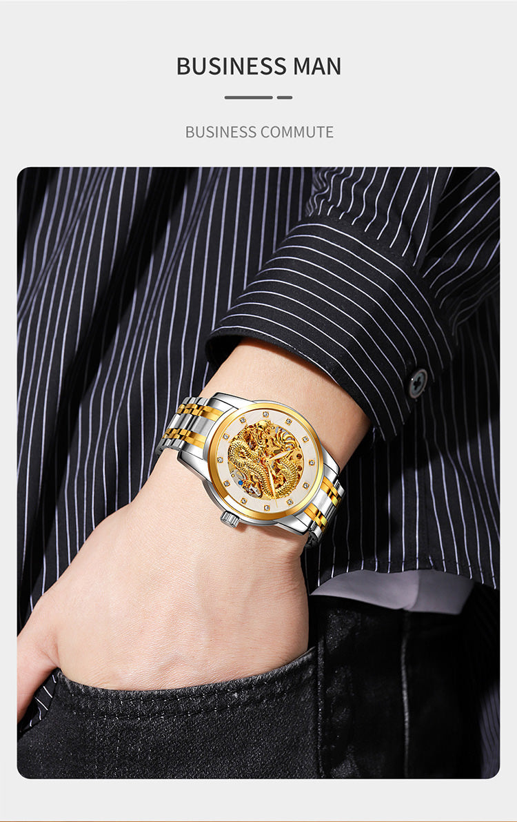 SKEMI 9310 Automatic Skeleton Watch for Men w/ China Dragon Stereoscopic Relief