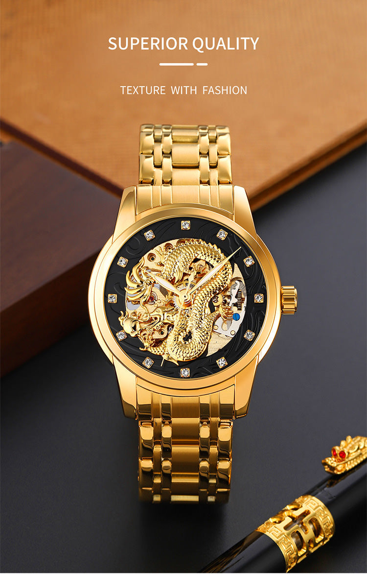 SKEMI 9310 Automatic Skeleton Watch for Men w/ China Dragon Stereoscopic Relief