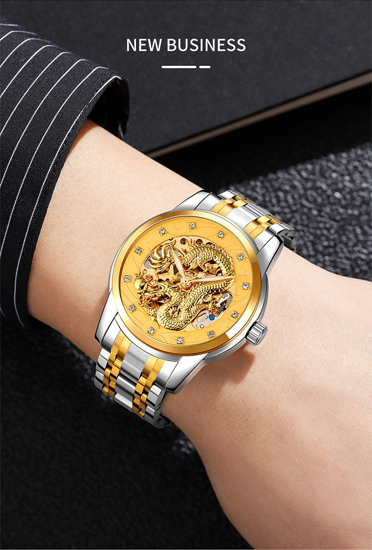 SKEMI 9310 Reloj Esqueleto Automático para Hombre con Relieve Estereoscópico del Dragón de China