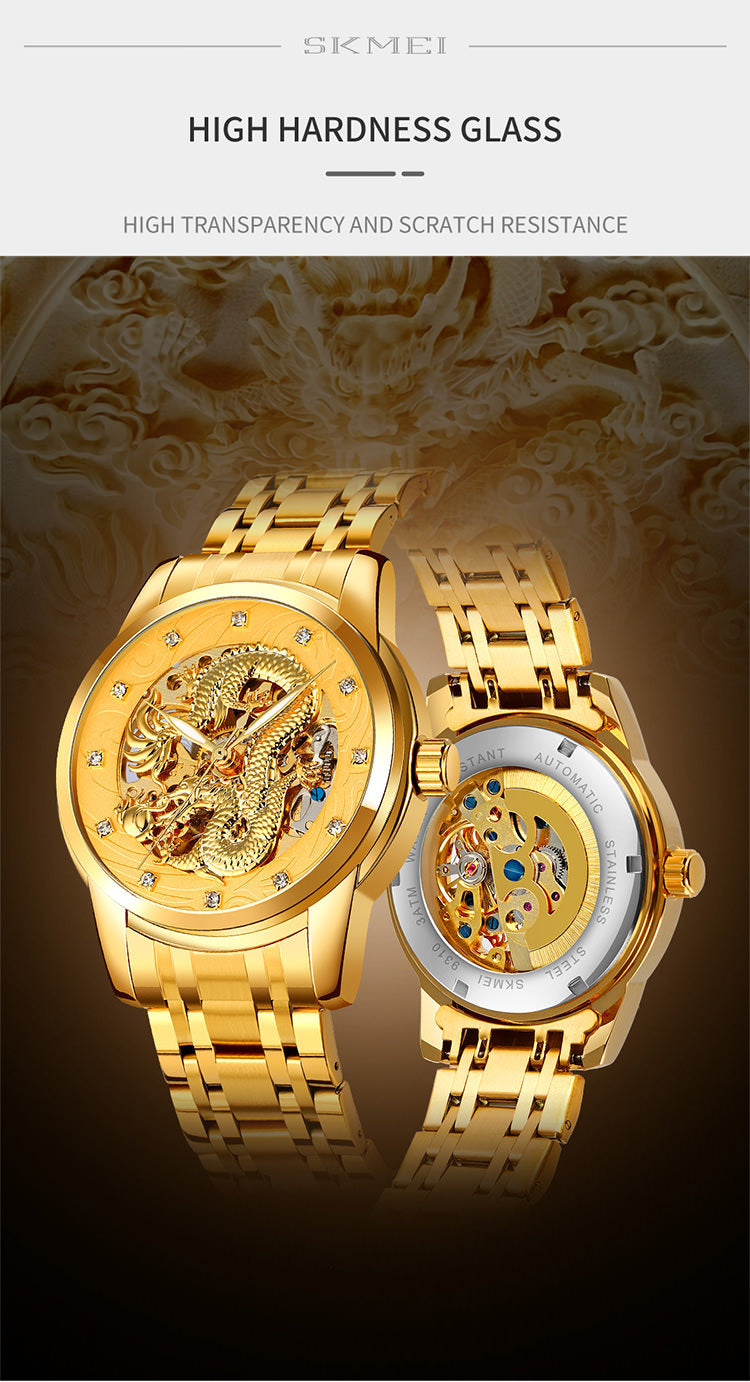 SKEMI 9310 Reloj Esqueleto Automático para Hombre con Relieve Estereoscópico del Dragón de China
