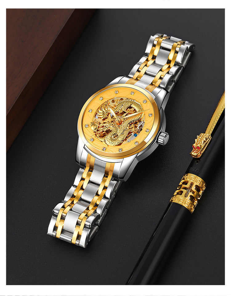 SKEMI 9310 Automatic Skeleton Watch for Men w/ China Dragon Stereoscopic Relief