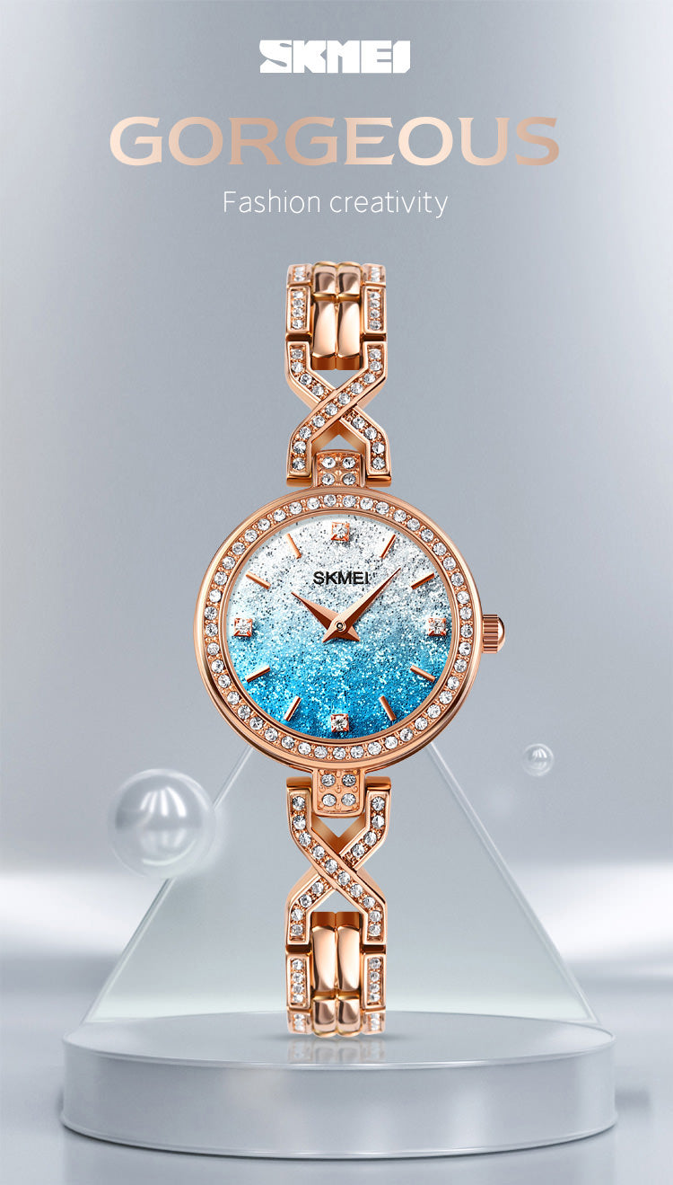 SKMEI 2001 Reloj de pulsera romántico ultrafino con diamantes de imitación para mujer