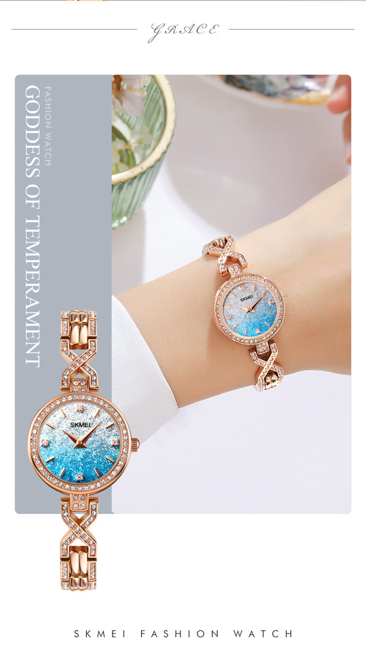 SKMEI 2001 Reloj de pulsera romántico ultrafino con diamantes de imitación para mujer
