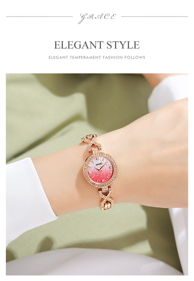 SKMEI 2001 Reloj de pulsera romántico ultrafino con diamantes de imitación para mujer