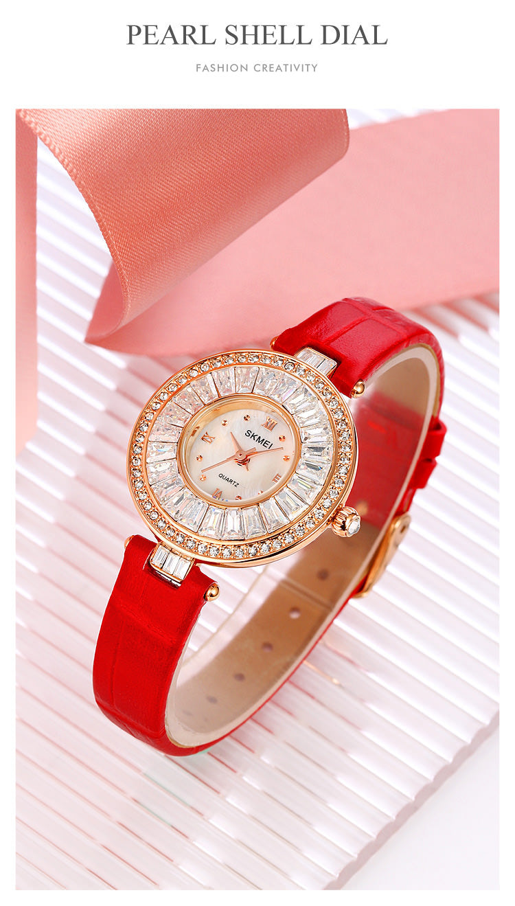 SKMEI 2009 Diamond Wrist Watch for Women w/ Leather Strap