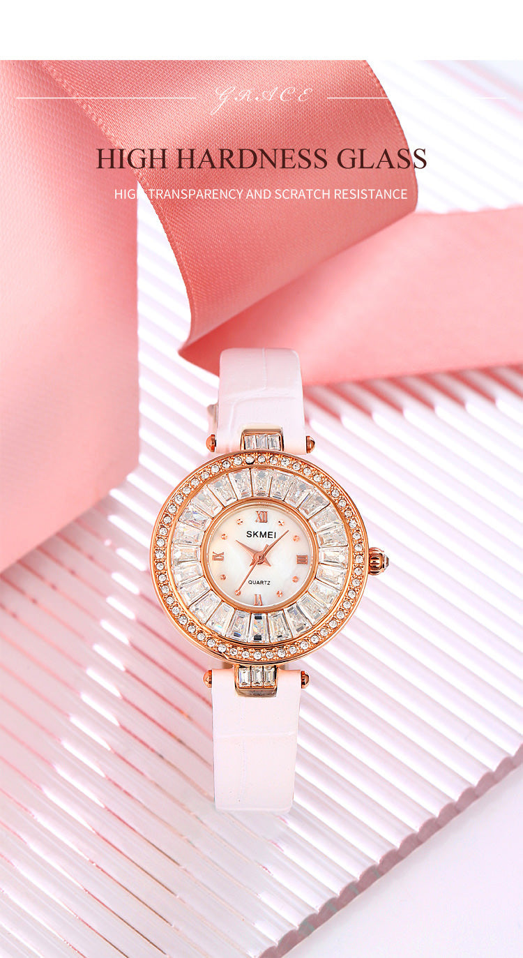 Reloj de pulsera SKMEI 2009 con diamantes para mujer con correa de cuero