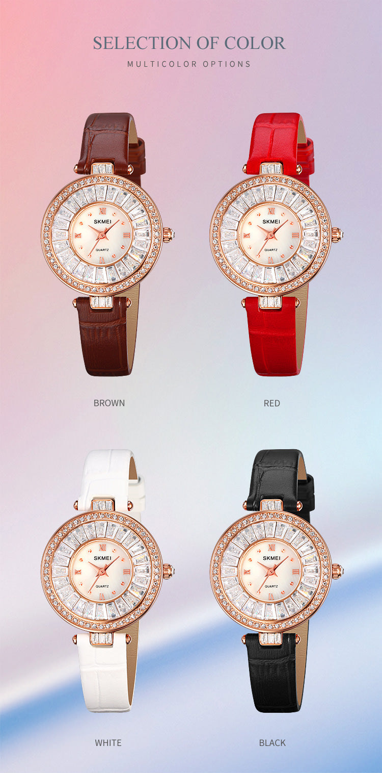 SKMEI 2009 Diamond Wrist Watch for Women w/ Leather Strap