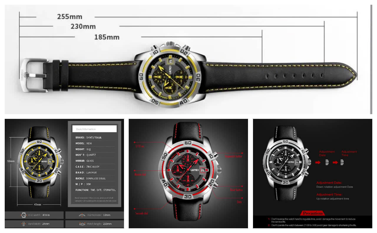 SKMEI 9156 Superbe montre chronographe de style militaire pour hommes, étanche à 30 m