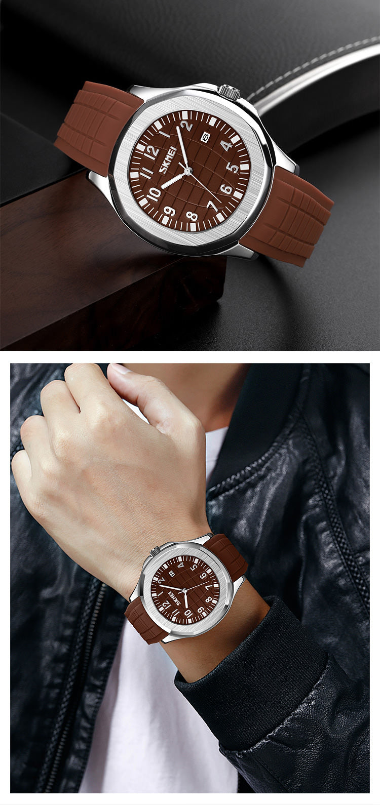 SKMEI 9286 Reloj de negocios estilo deportivo para hombre con esfera 3D