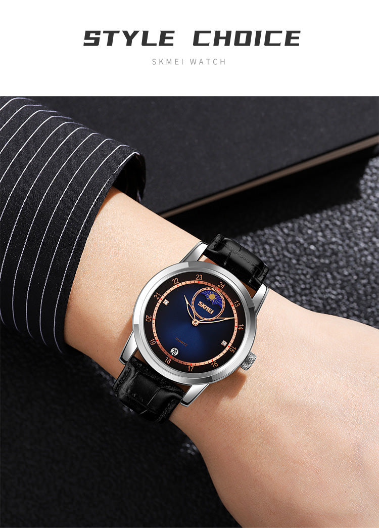 SKMEI 9300 Montre Moonphase pour hommes avec bracelet en cuir