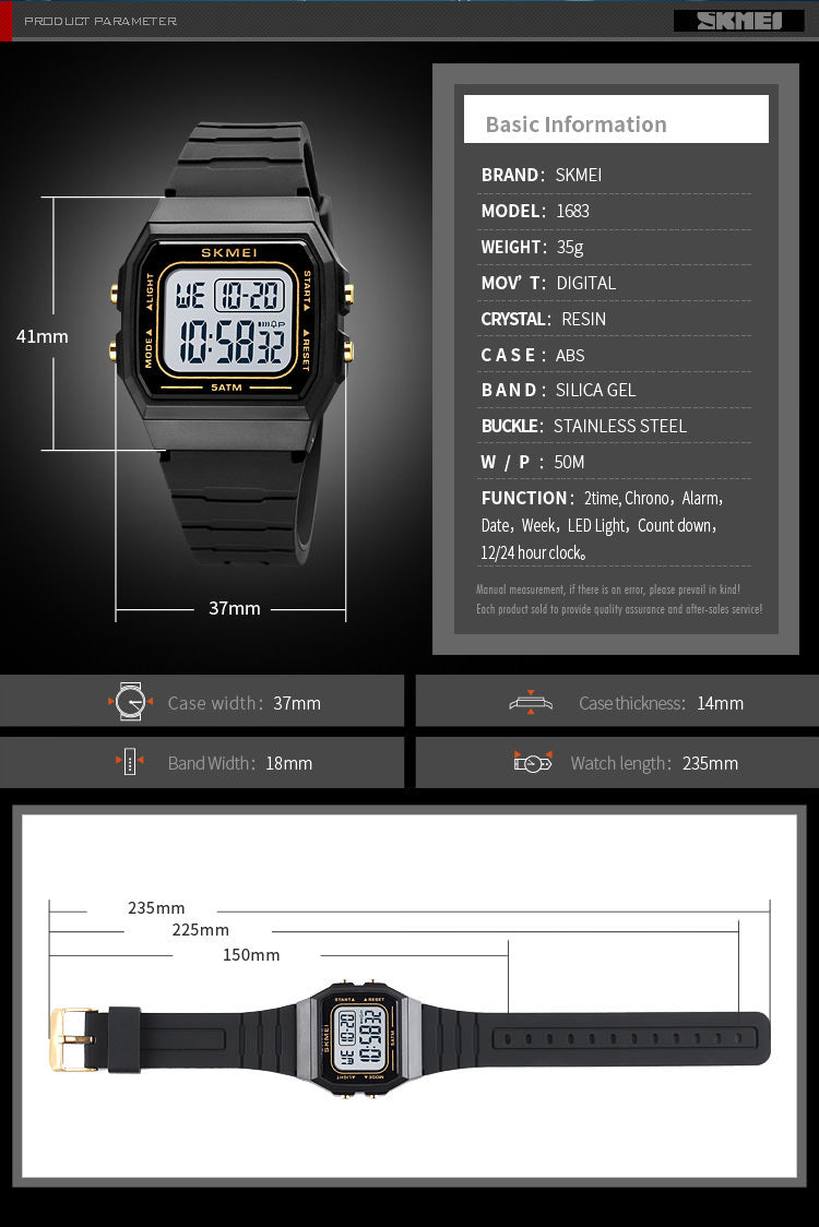 SKMEI 1683 petite montre carrée de 38 mm