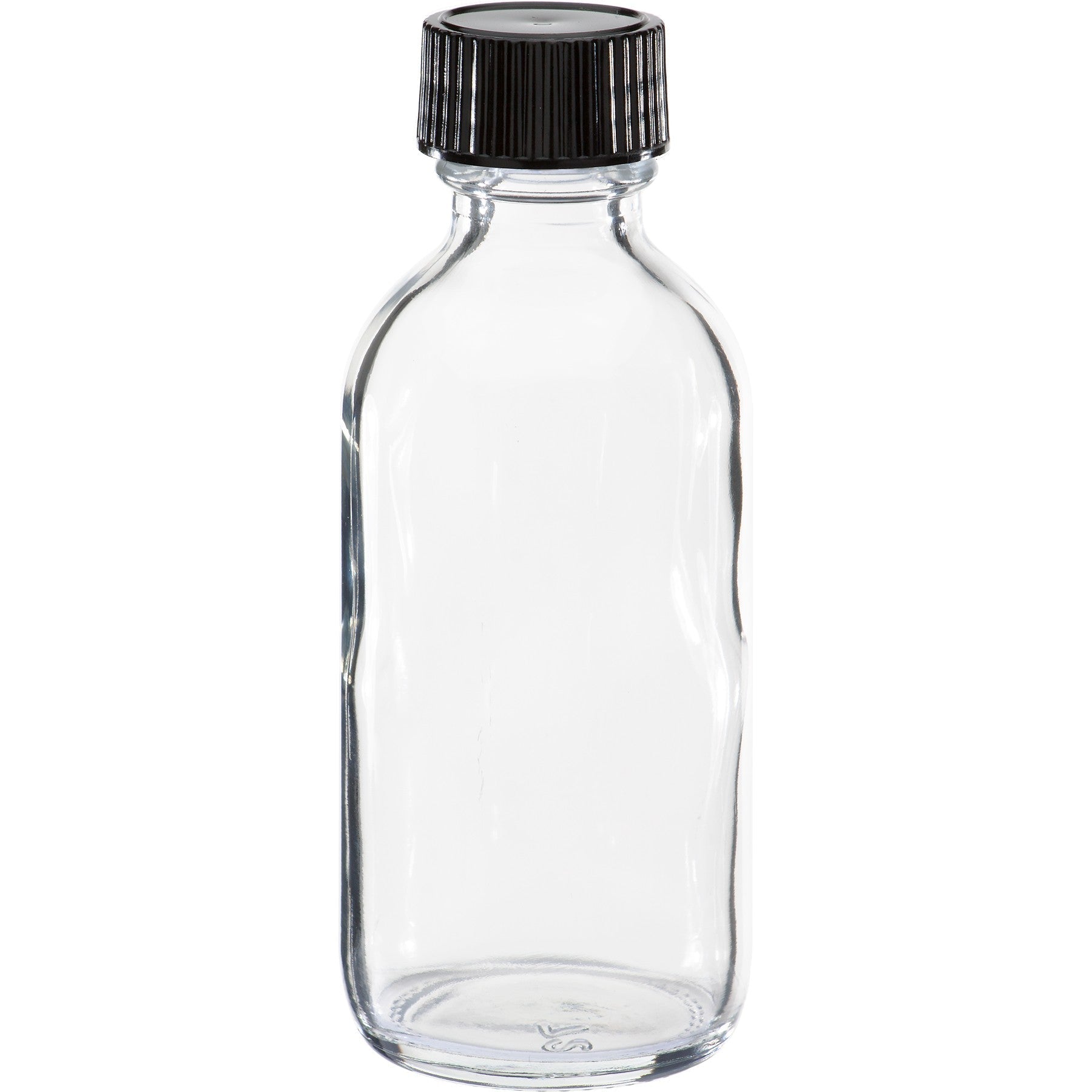 Download 60 ml Clear Boston Round Glass Bottle With Black Cap - Fusion Flavours