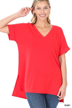 ROLLED SHORT SLEEVE SIDE SLIT HI LOW HEM TOP