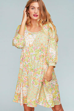 FLORAL PATCHWORK BUBBLE SLEEVE MIDI DRESS