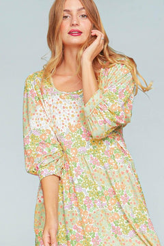 PLUS FLORAL PATCHWORK BUBBLE SLEEVE MIDI DRESS