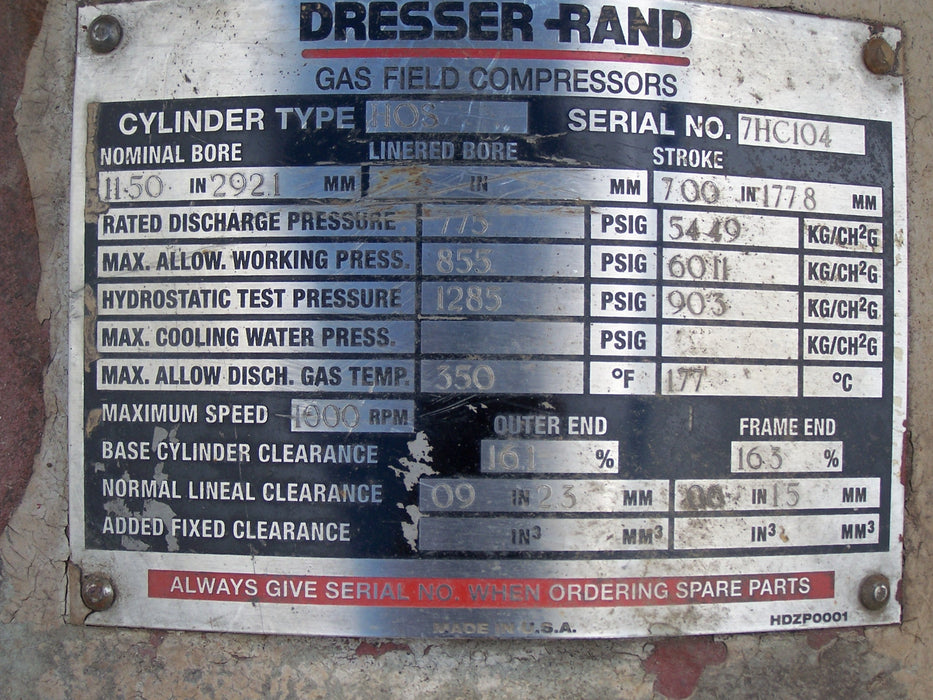 DRESSER-RAND, COMPRESSOR CYLINDER WITH OUT VVCP HOS7 11.5" BORE
