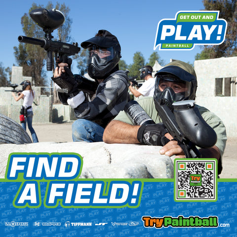 A father and son playing paintball. Has a QR code so you can find a paintball field near you!