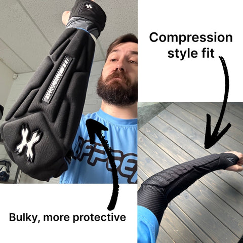 A photo showing off a bulky and protective armpad, and showing off a compression style fit armpad.