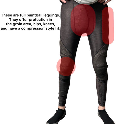 An image of Sam wearing the CRBN SC Protective bottoms. Highlighted are the knees, groin, and hip areas, which is where the protective padding is located.