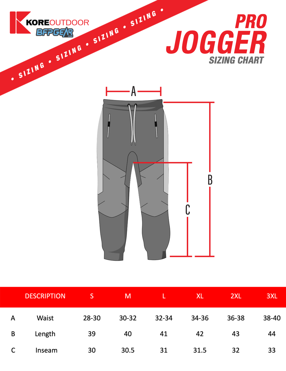 Pro Joggers Sizing Chart - Kore Outdoor