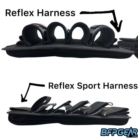 Reflex Harness on top, Reflex Sport Harness on bottom. Showing that the main pod sleeves compress.