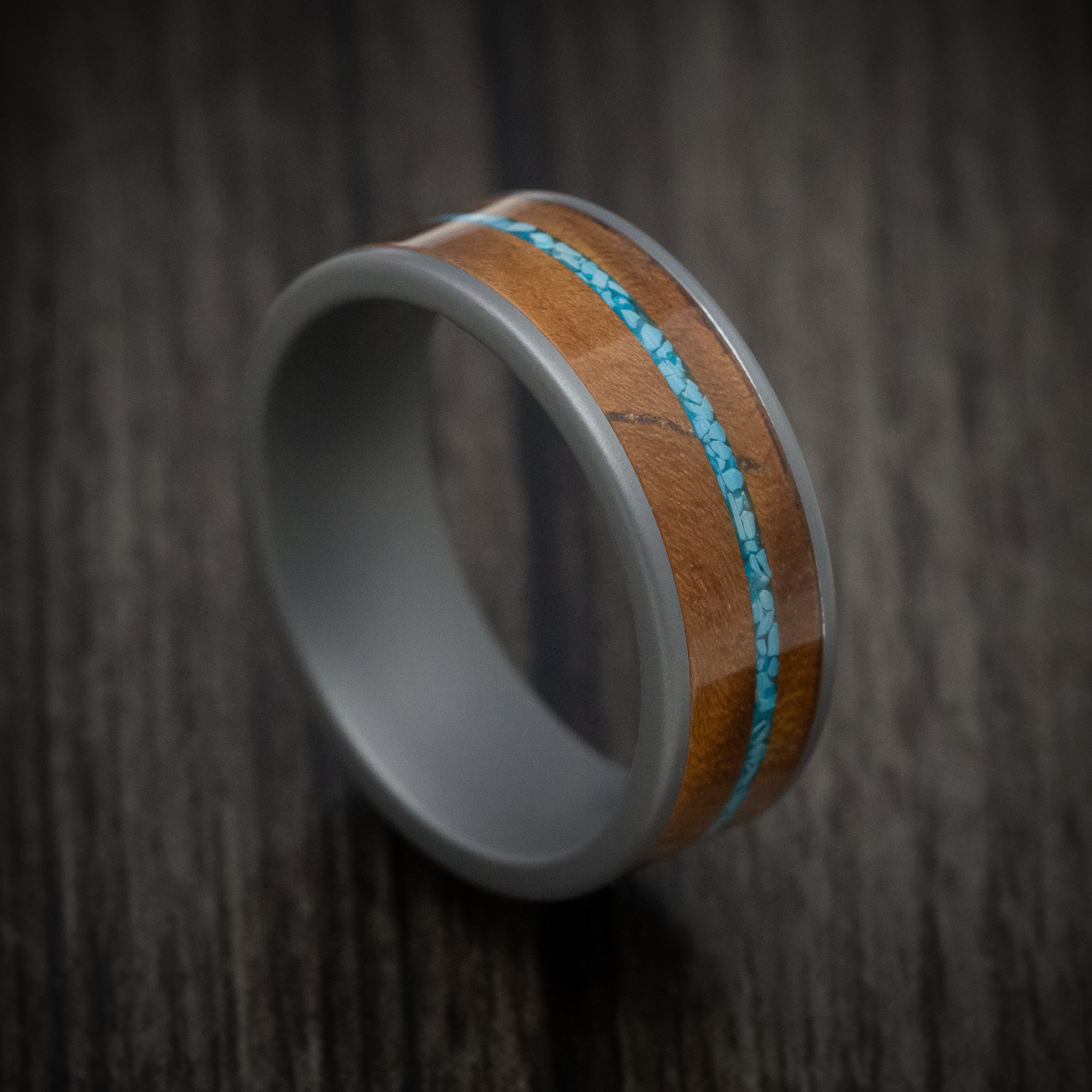 Tantalum Men's Ring with Wood and Turquoise Inlays - Revolution Jewelry product image