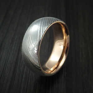 Damascus Steel Men's Ring with 18k Rose Gold Sleeve Custom Made Band ...