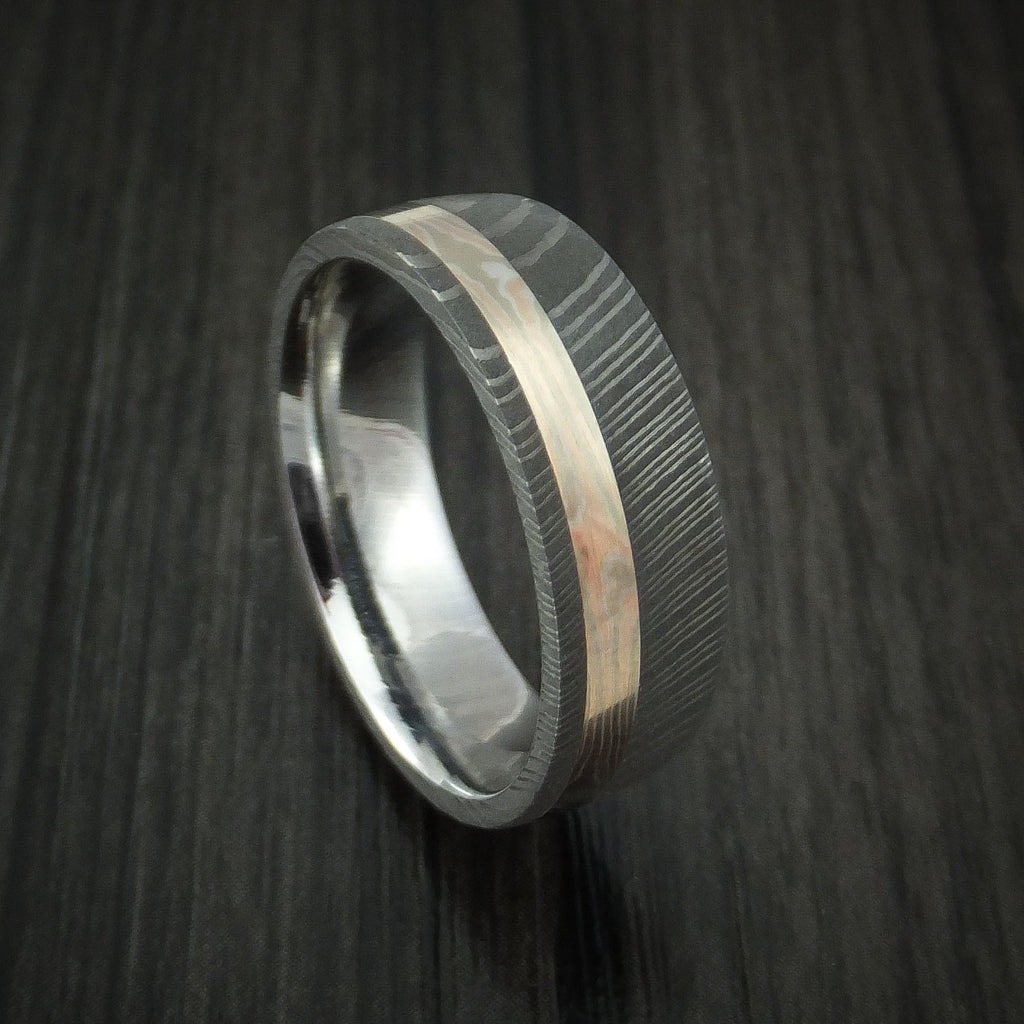 Damascus Steel Men's Ring with Mokume Gane Inlay Custom Made Band ...