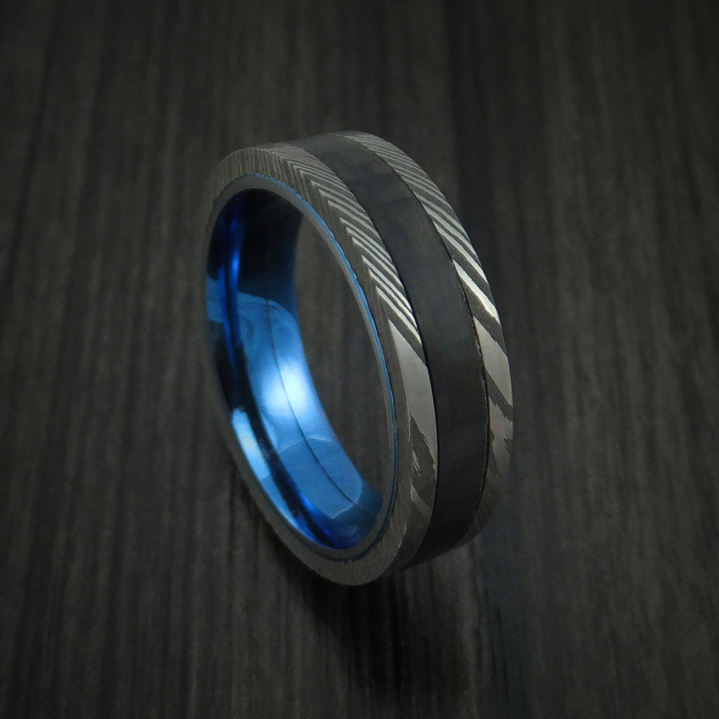 Damascus Steel and Carbon Fiber Ring Custom Made Band with Anodized Bl ...