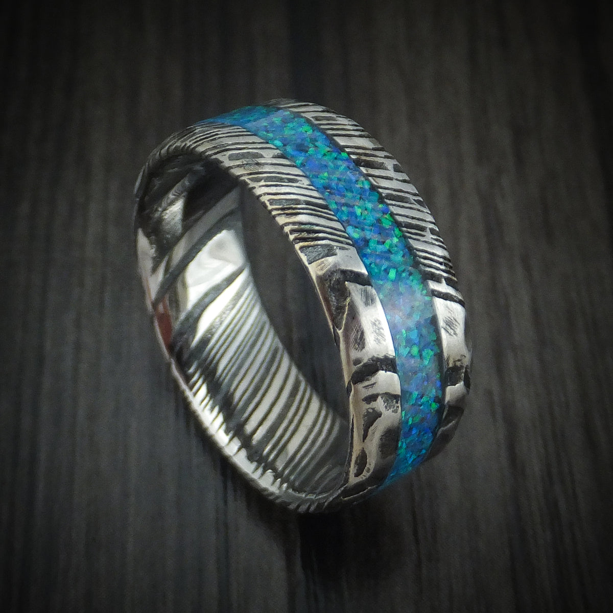 Kuro Damascus Steel Rock Hammer Finish Opal Men's Ring | Revolution Jewelry