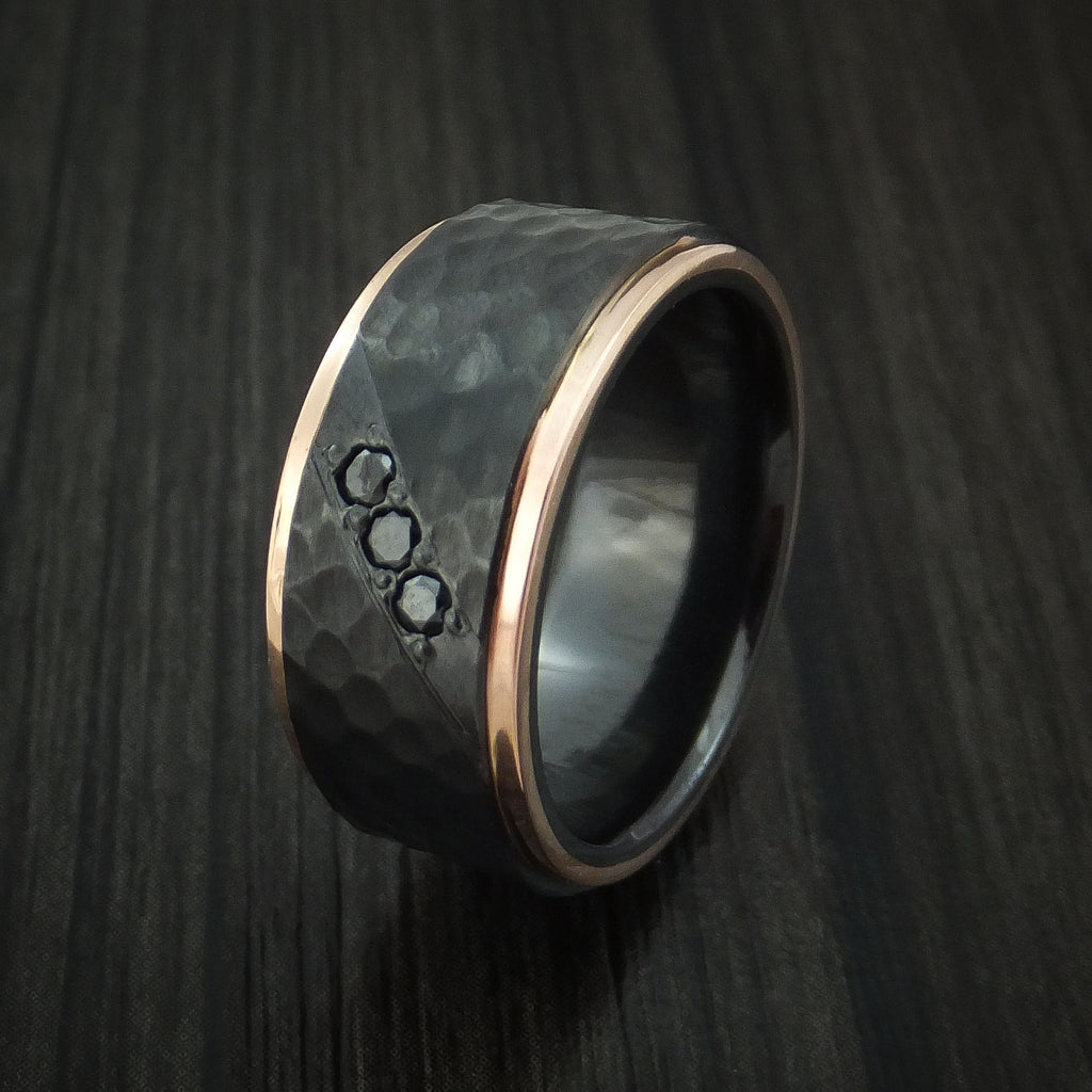 Black Zirconium Hammered Men's Band with 14K Rose Gold Edges and Black