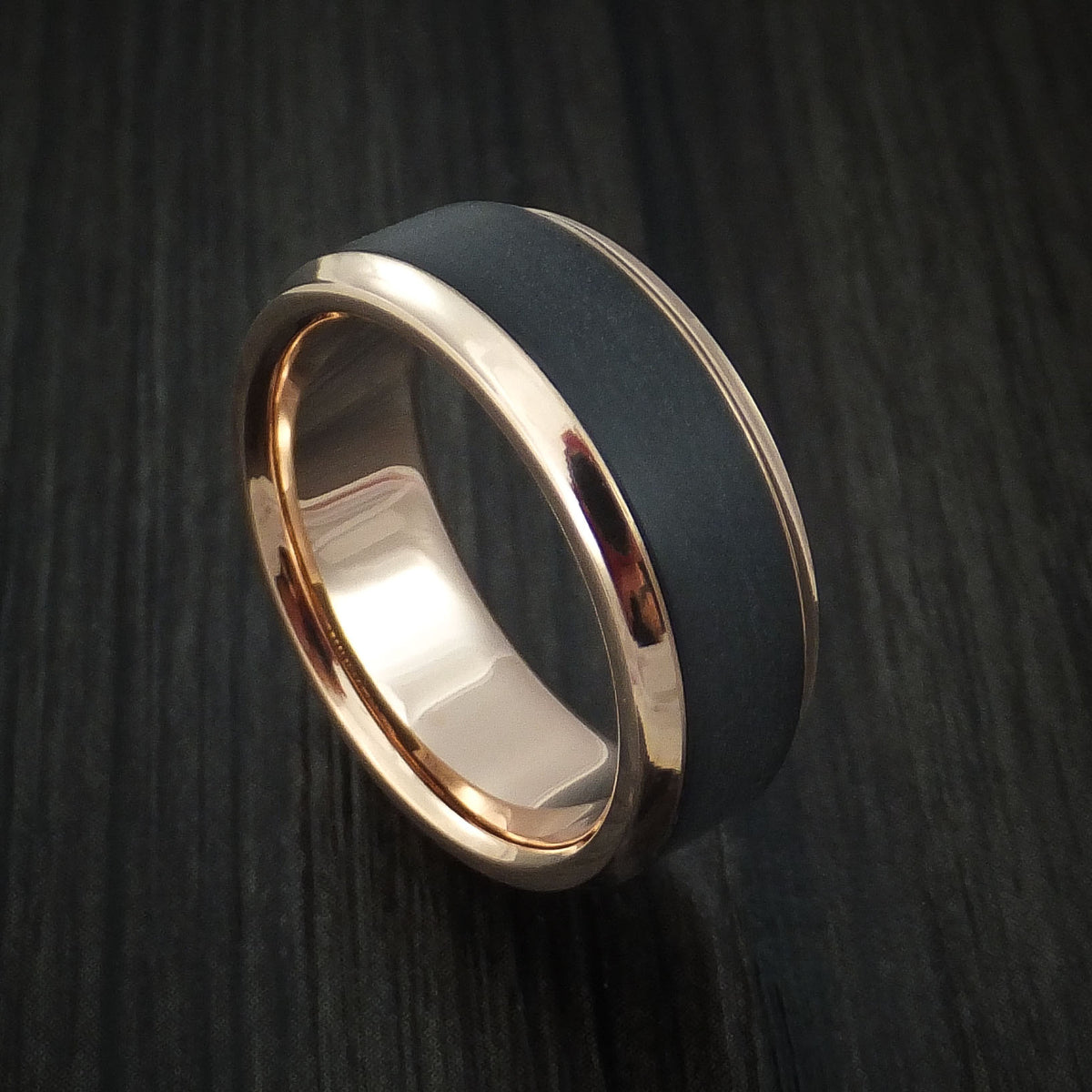 14K Rose Gold with Carbon Fiber Custom Made Men's Band | Revolution Jewelry