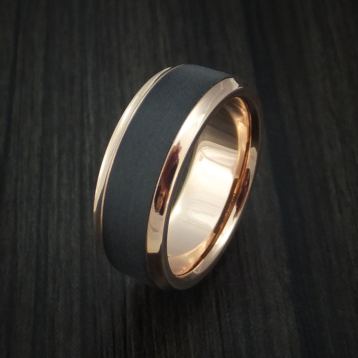 14K Rose Gold with Carbon Fiber Custom Made Men's Band | Revolution Jewelry