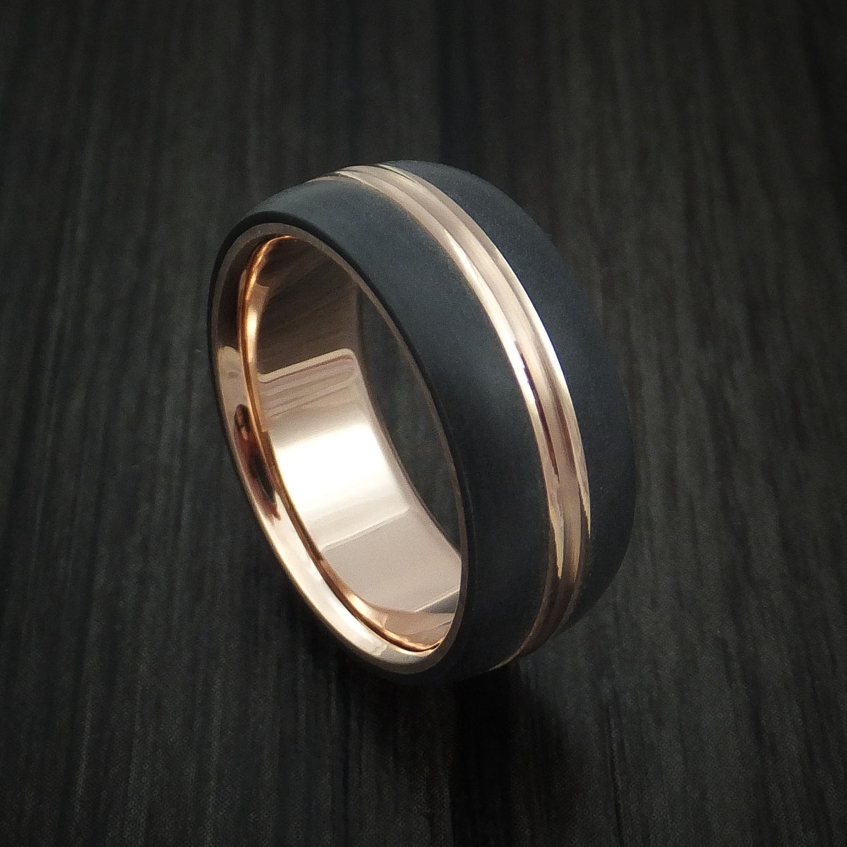 14K Rose Gold with Carbon Fiber Custom Made Men's Band | Revolution Jewelry