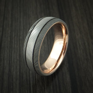 Damascus Steel Men's Ring with 14k Rose Gold Sleeve Custom Made Band ...