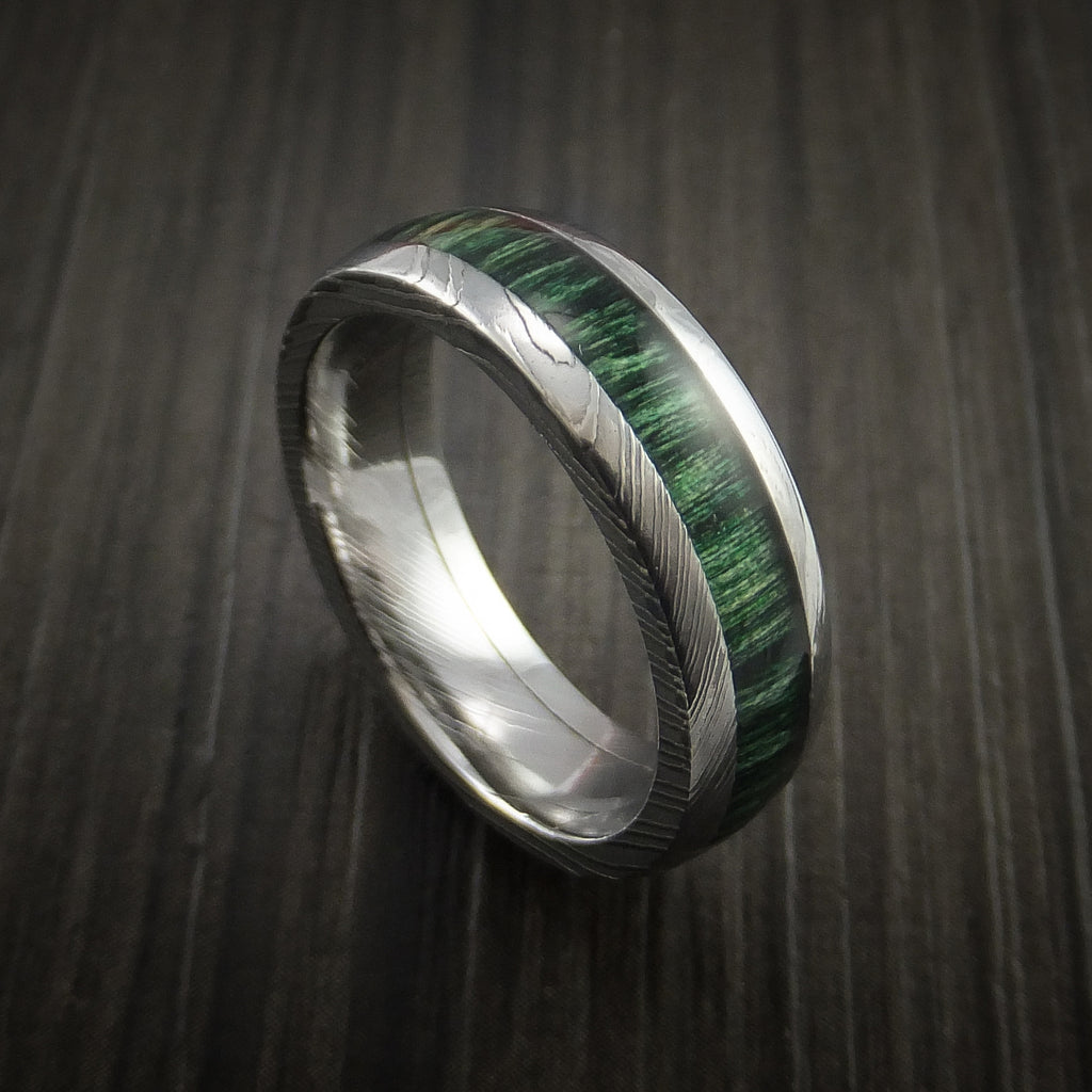 Damascus Steel Ring Inlaid with Jade Hard Wood – Revolution Jewelry