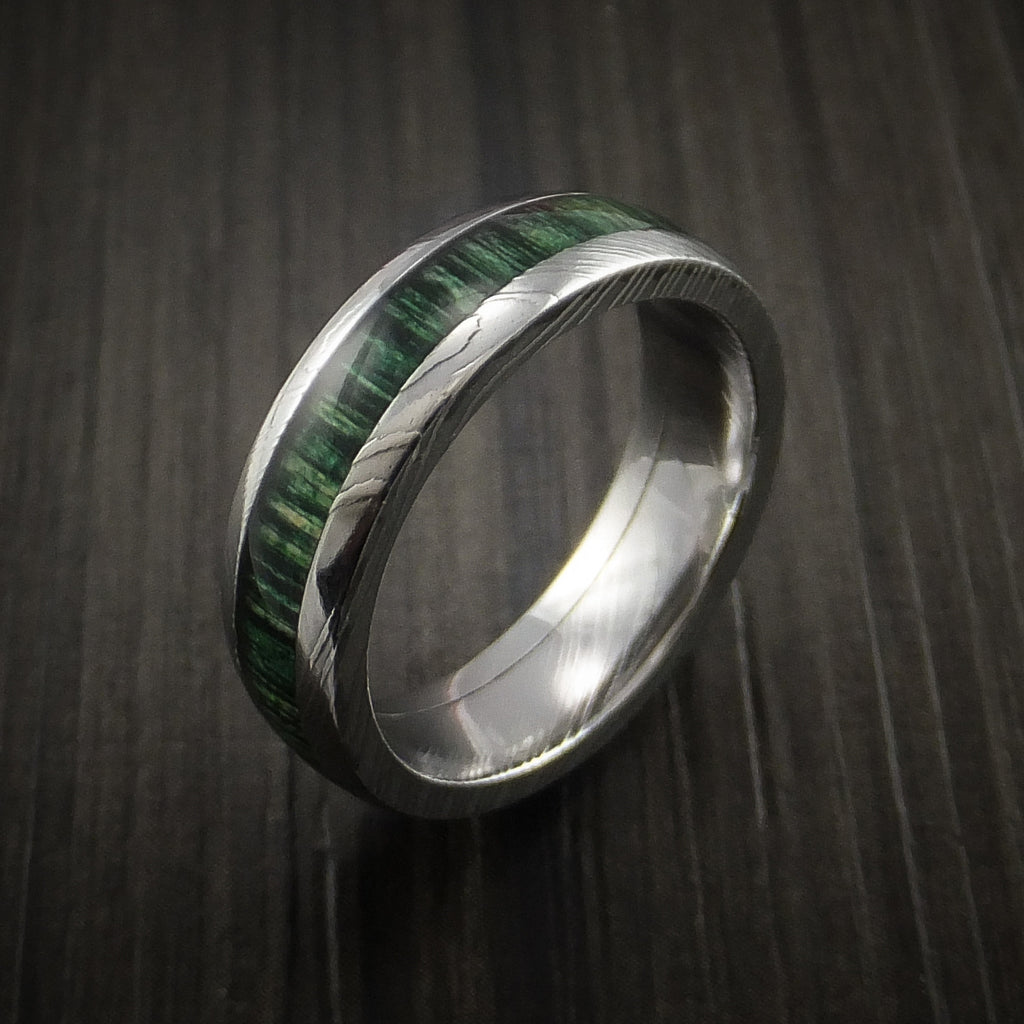 Damascus Steel Ring Inlaid with Jade Hard Wood – Revolution Jewelry