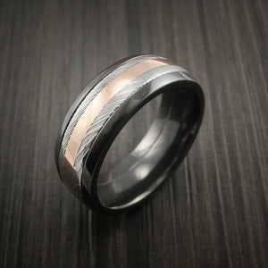 Black Zirconium and Damascus Steel Band 14K Rose Gold Center Custom Ma ...