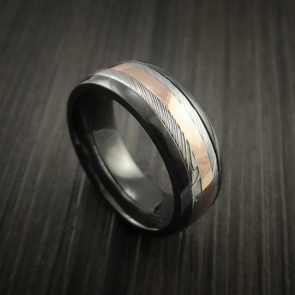 Black Zirconium and Damascus Steel Band 14K Rose Gold Center Custom Ma ...