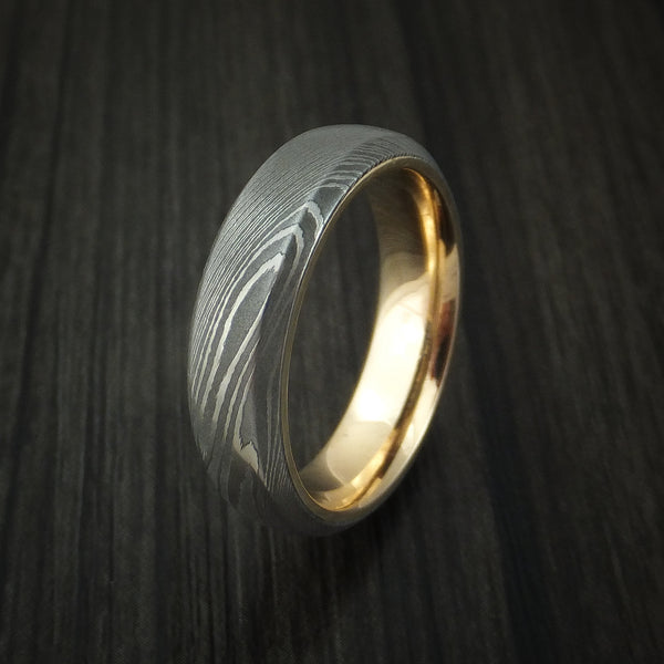 Damascus Steel Men's Ring with 14k Yellow Gold Sleeve Custom Made Band ...