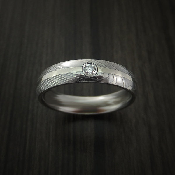 Damascus Steel 14K White Gold Ring with Beautiful Diamond Wedding Band ...